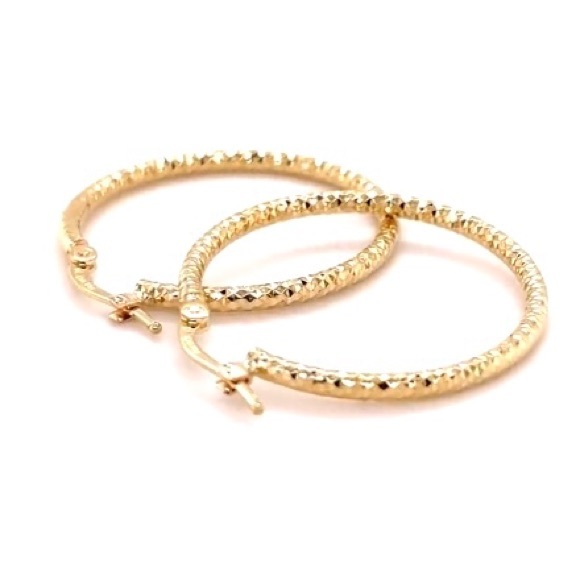 14K Yellow Gold Diamond Cut Hinged Hoop Earrings - Picture 6 of 8